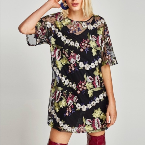 Zara Dresses & Skirts - Zara Embroidered Floral Tulle Boho Mini Dress M